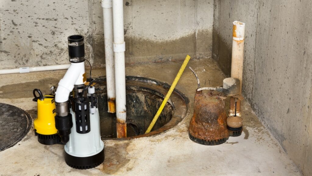 Image showcasing the replacement of an old sump pump in a basement; a new sump pump is ready for installation beside the pit, with the old pump freshly removed from it.